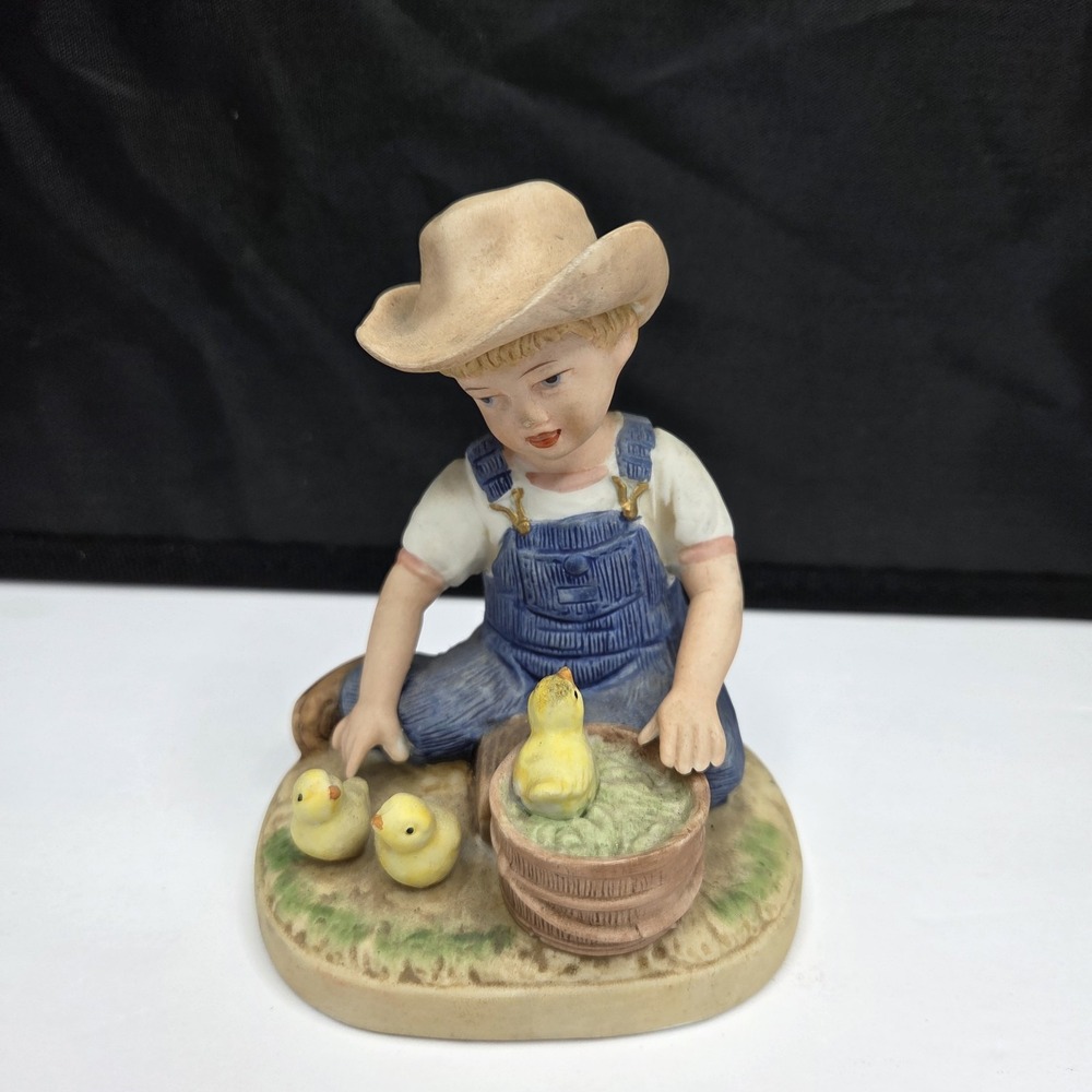Vintage HOMCO Denim Days Figurine Boy with Chicks Farm Country Decor 1985